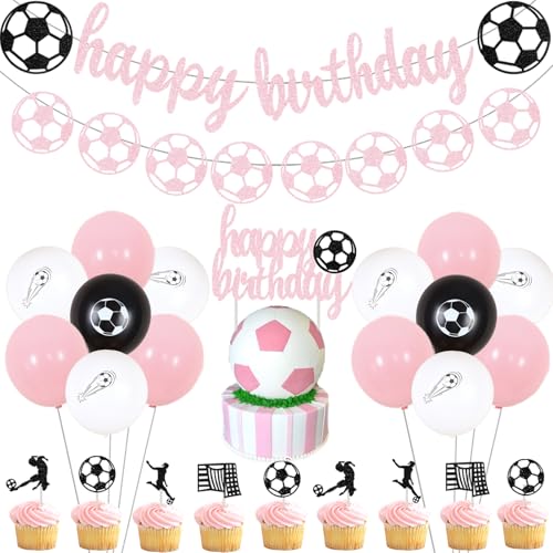 Sursurprise Décorations de fête d'anniversaire de football pour filles - Bannière d'anniversaire rose - Guirlande de ballons pour fête d'anniversaire sur le thème du sport