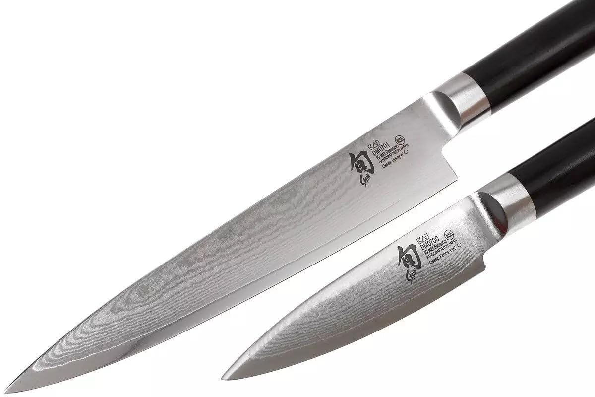 KAI Shun Classic set di coltelli da cucina giapponesi 2 pezzi - Coltello multiuso lunghezza lama 15 cm + Coltello da officina lunghezza lama 9 cm - Coltelli damascati 32 strati VG MAX Core - 61 (±1)