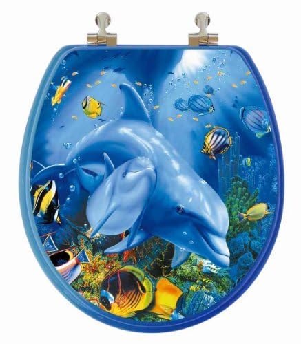TOPSEAT 3D Ocean Series Round Toilet Seat w/Chromed Metal Hinges, Wood, Dolphin Family - Image 2