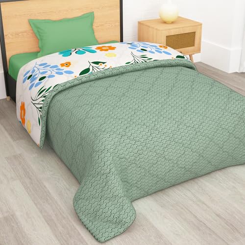 Image of Comforter Single Bed Blankets for Winter | 180GSM Microfiber Quilt Single Bed Comforter | 150X 225cm | Beige & Light Grey, Floral Pattern | Quilt | Single Dohar