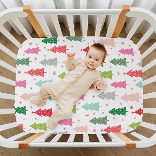 Image of Colorful Christmas Tree Crib Sheets Soft Breathable Fitted Baby Crib Sheets Mattress Cover for Girl Boys, 52 inch x 28 inch x 9 inch