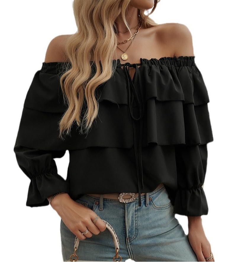 Damen-Top, schulterfrei, Rüschen, langärmelig, lockere Passform, Laternenärmel, Tunika, Bluse, Oberteil für Party, Alltag, Schwarz , M