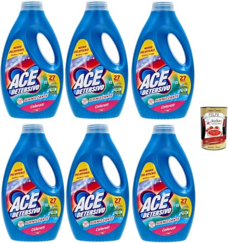 Italian Gourmet ACE Lot 6 x 1350 ml Lessive Liquide Hygiène Couleurs – 8,1 L Grand Format, Jusqu’à 162 Lavages (selon dosage), Efficace Même à Froid, Anti-Odeurs + Italian Gourmet Polpa