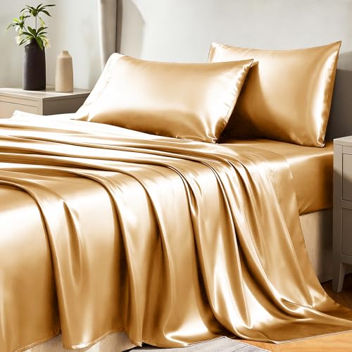 CozyLux Satin Sheets Queen Size Bed Set - Silky Soft Bedding Similar to Silk 4 Piece Sheet Set for Hair and Skin Deep Pocket with All-Around Elastic Home Decor for Bedroom Gold