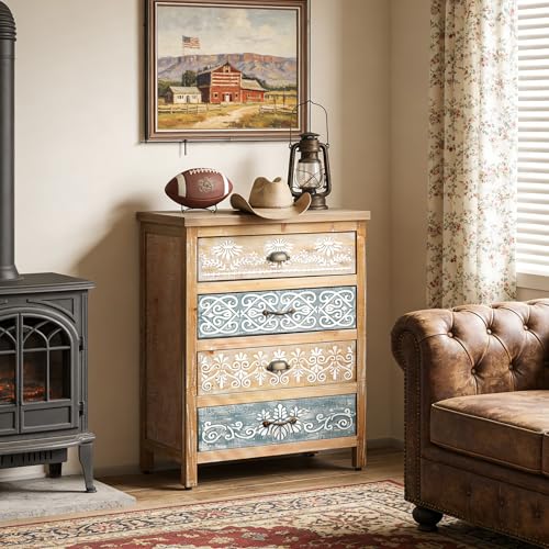 Image of DAPHOHAVEN 4-Drawer Small Accent Cabinet - Hand-Painted Carved Fronts, Solid Wood Storage Cabinet, Entryway Cabinet with Storage, Boho Decorative Storage Cabinet