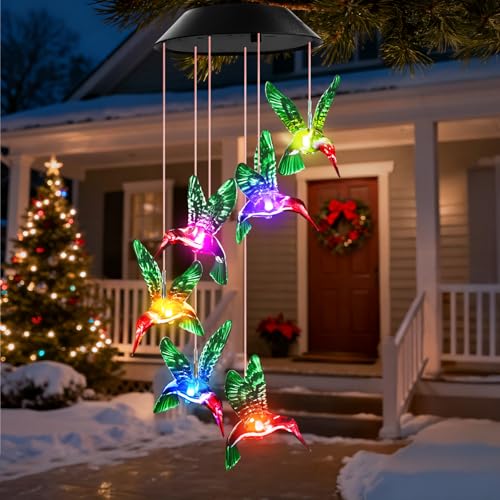 Christmas Stocking Stuffers for Women Grandma Mom Birthday, White Elephant Gifts for Adults, Winzwon Hummingbird Wind Chimes Solar Lights Outdoor Mobile Decoration for Patio Yard