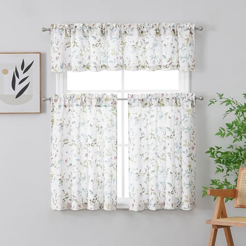 Image of Chyhomenyc Roman Kitchen Curtains 24 Inch Length, Linen Blend Textured Small Half Window Drapes, Leaf Floral Printed Light Filtering Short Curtains for Bathroom Basement, 38Wx24L inch, 2PCS