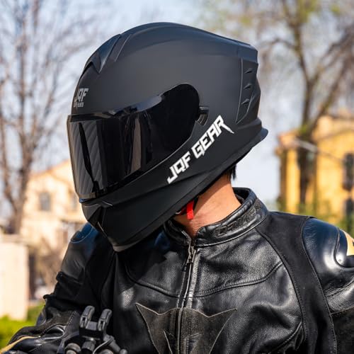 JQF Gear Motorcycle Full Face Dual Visor Helmets for Adults Street Bike Racing Motorbike Helmet A8 DOT Approved (Matte Black, M)