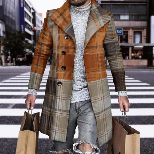 LOAIHA Men's Casual Trench Coat Fashion Plaid Splicing Single Breasted Mid Length Peacoat Fall Winter Warm Jacket Outwear3