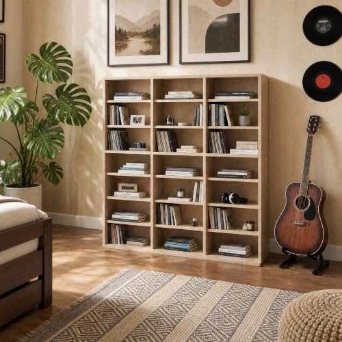 Image of Garvee 7 Tier Tall CD Display Cabinet, 21-Compartment Media Tower, Natural
