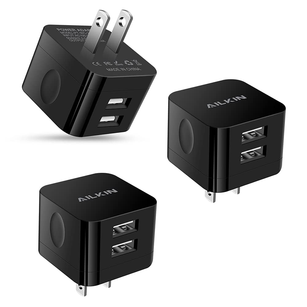 Paquete de 3 cargadores de pared USB, 2.4 A, cargador rápido de doble puerto, cuadrado, plano, adaptador de corriente alterna, estación de carga de ladrillo para iPhone, Samsung Galaxy, LG Stylo,