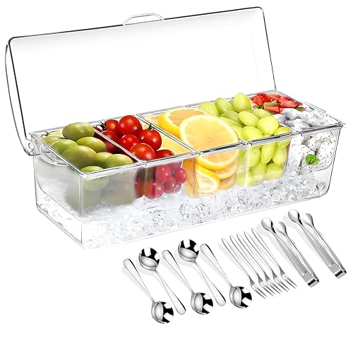BLIVORRA 𝐋𝐚𝐫𝐠𝐞 Ice Chilled Condiment Server Caddy with 5 Removable Compartments (2.5 Cup), Clear Garnish Tray with Lids – Fruit, Salad, Taco, Bar Platter – Free Stainless Steel Accesories