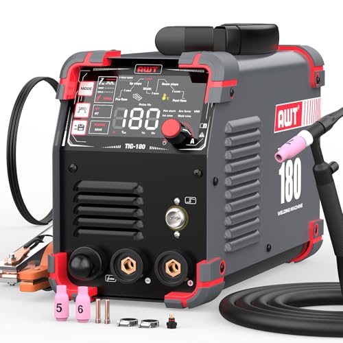 AWT Soldador TIG de 180 amperios con pulso CC, soldador TIG frío con pantalla LED grande 5 en 1 DC HF TIG/PULSE TIG/COLD/SPOT TIG/STICK, 110V/220V máquina de soldadura TIG fría de doble voltaje