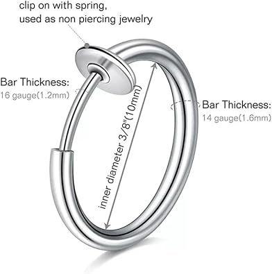Trend Collection Fake Piercing-Küpe 2'Li Gümüş Renk Sıkıştırmalı 316L Paslanmaz Çelik (Kulak-Burun-Dudak),Gümüş Renk 9 Mm