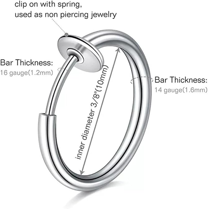 Trend Collection Fake Piercing-Küpe 2'Li Gümüş Renk Sıkıştırmalı 316L Paslanmaz Çelik (Kulak-Burun-Dudak),Gümüş Renk 9 Mm