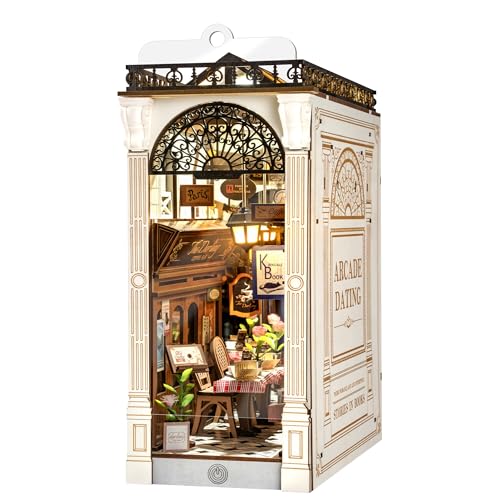 ROBOTIME DIY Book Nook Kits Dollhouse Room Bookstore Miniature House with LED Light 3D Wooden...