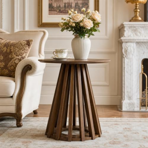 Image of HNY Round Fluted End Table, 19.7 inch Modern Black Side Table, Mid Century Wood Circle Bedside Tables Drink Table Nightstand for Bedroom, Living Room, Small Space, Walnut