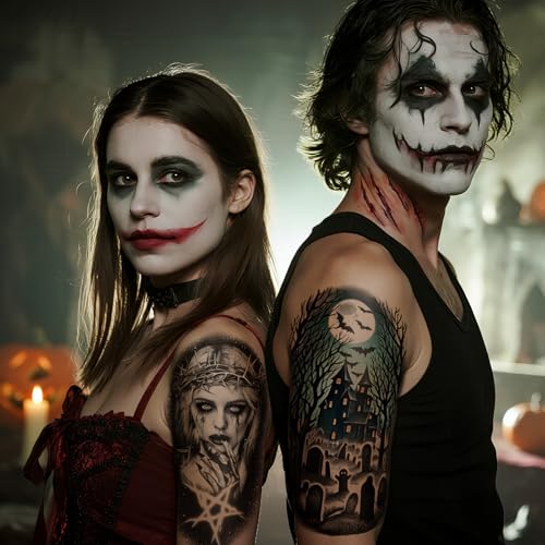 Image of 77 PCS Halloween Temporary Tattoos Adult Kids, 17 PCS Half Arm Pumpkin Bat Crow Witch Skull Fake Tattoos, 60 PCS Spider Cat Ghost Scar Tiny Realistic Face Body Tattoos Stickers for Halloween Costume