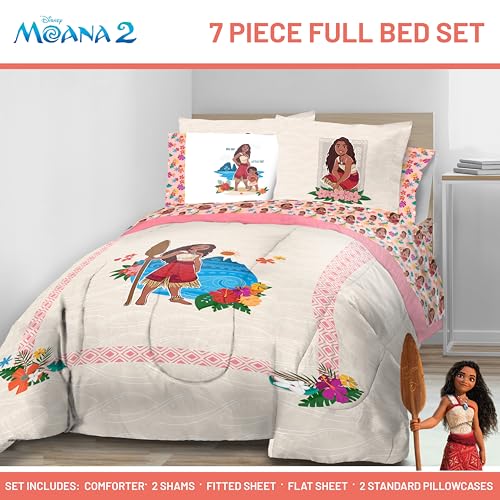Image of Disney Moana Full Comforter Set 7 Piece Kids Bedding for Girls, Beige