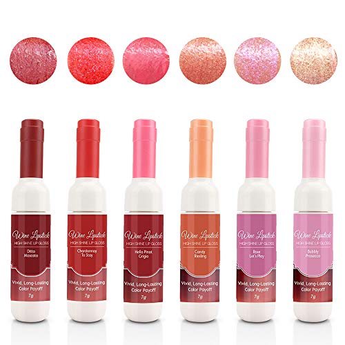 6 Farben Wine Lip Tint, Glitzer Flüssiger Lippenstift, Wasserdichtes und langlebiges Lipgloss-Set NON Stick Cup für Mädchen Frauen Make-up