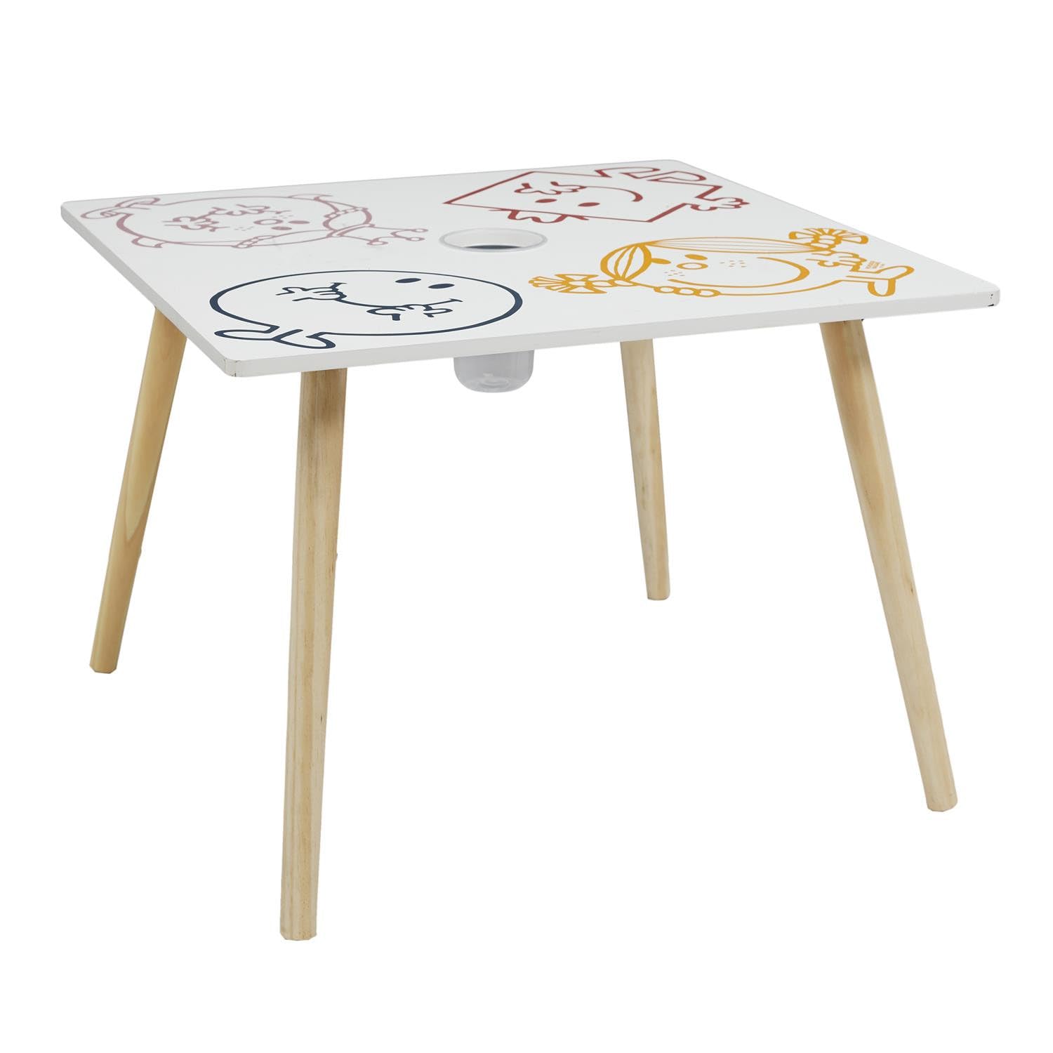MONSIEUR MADAME - MM3369 Table Enfants avec Pot à Crayon Intégré - MDF et Pin - Dimensions 60 x 60 x 44 cm - Design Multicolore - pour Chambre ou Salon