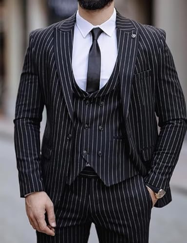 YZRIZM Men's Casual Suits Fit 3 Piece Tuxedos Stripe Double Breasted Blazer Vest Pants for Wedding3