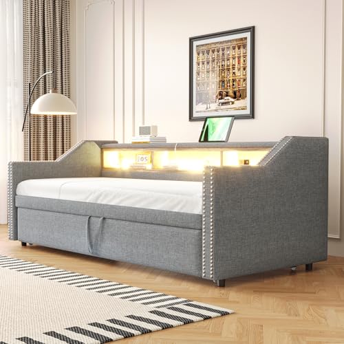 Zepneiy - Sofá cama nido (90/180 x 190 cm, con almacenamiento multifuncional, con iluminación LED y toma USB, color gris claro (colchón no incluido)