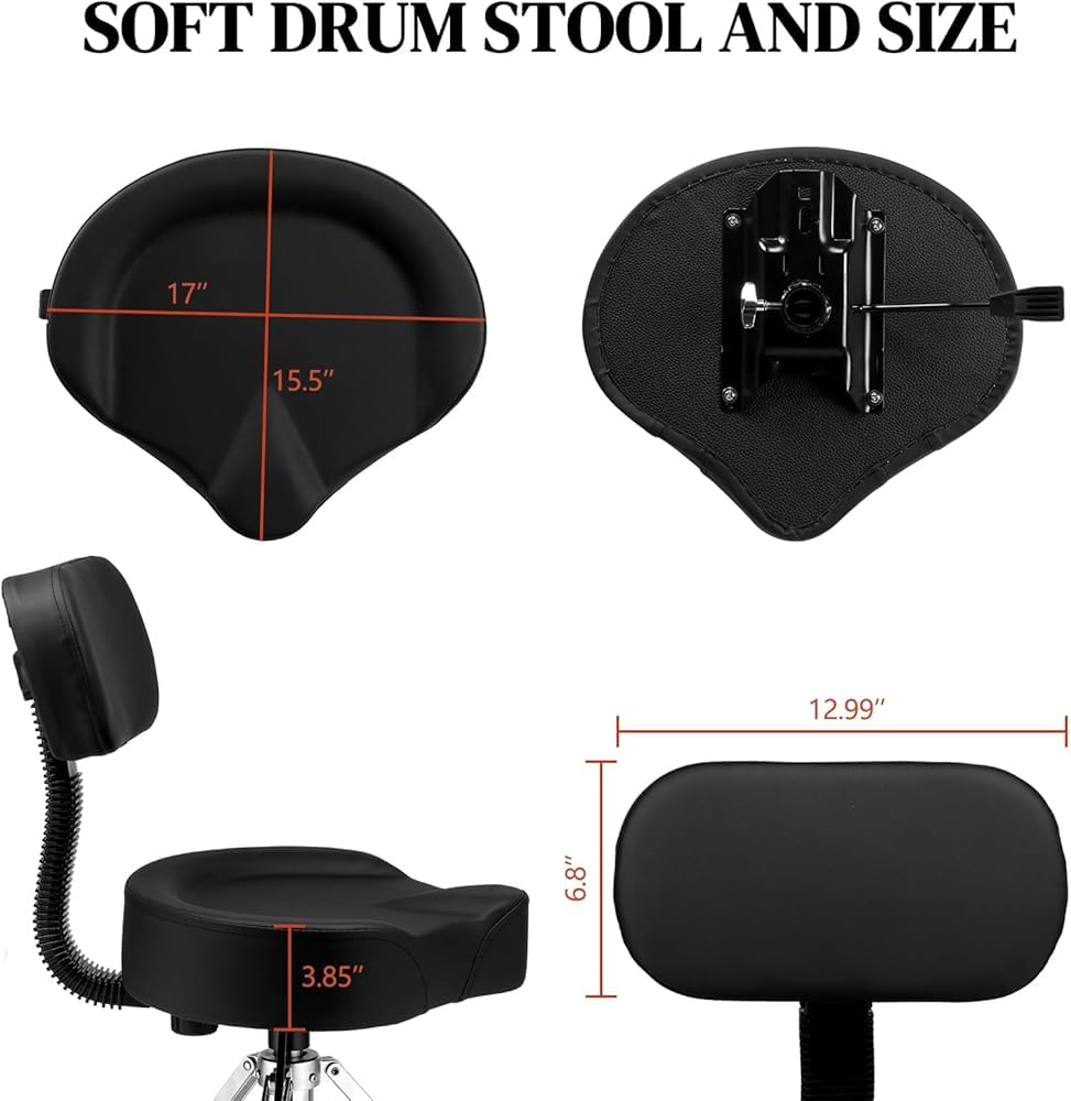 Trono per batteria regolabile con schienale, sgabello idraulico, sedile a sella, per batteristi, adatto per pianoforte, chitarra, studio e pratica musicale