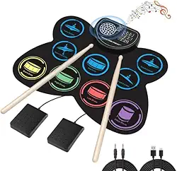 Conjunto de Bateria Eletrônica Digital 9 Pads Portátil, Realista, com Pedais, Baquetas e Entrada para Fone de Ouvido