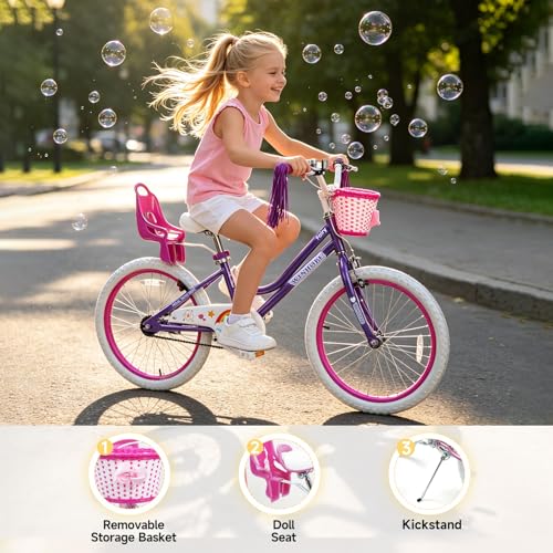 Image of WinHope Girls Bike with Doll Seat, 12 14 16 18 20 Inch Kids Bike for 2-12 | Dual Brake with Training Wheels / Kickstand & Streamers Birthday Gift for Toddler Outdoor Riding, Multiple Colors