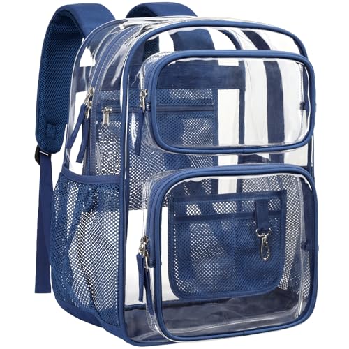PACKISM Clear Backpack for School - 17 inch Large Heavy Duty Bookbag, Reinforced See Through PVC Transparent Backpack for Students Men Women, Dark Blue (Age 12+)