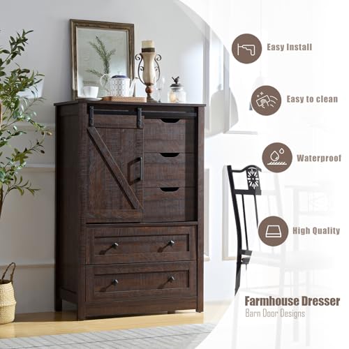 BLANKSPACE Farmhouse Dressers for Bedroom, 5 Drawers Dresser with Sliding Barn Door, Rustic Wood Dressers & Chests of Drawers for Bedroom, Entryway, Home Office