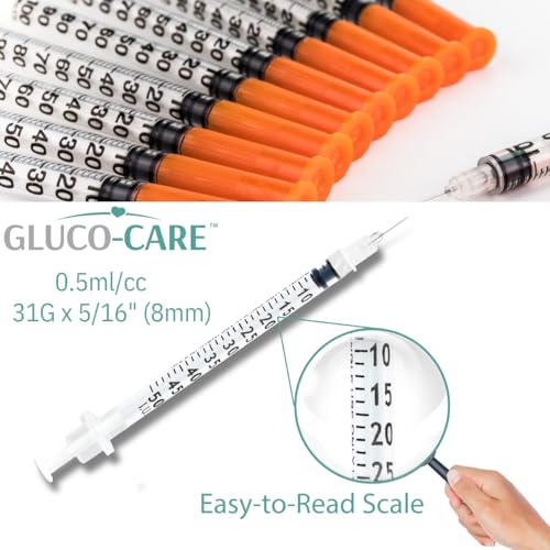 Image of GLUCO-CARE 0.5 ml /cc Syringes 31G x 5 /16'' (8mm), 100 /box | Fine Tip, Home & Lab Use, Clear Barrel, Bold Scale, Smooth Plunger Movement with back-end stopper, Leak-Proof Design