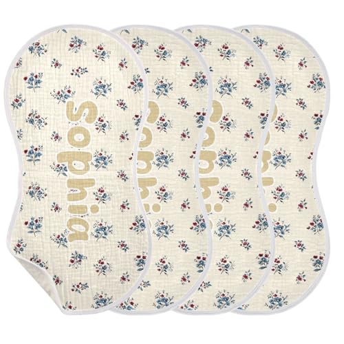 Personalized Name Blue Red Flower Baby Burp Cloth for Baby Drool and Messes, Customized Text Absorbent Cotton Burping Cloths for Infant Newborn Unisex 4 Packs 100% Cotton 22 x 11 in3
