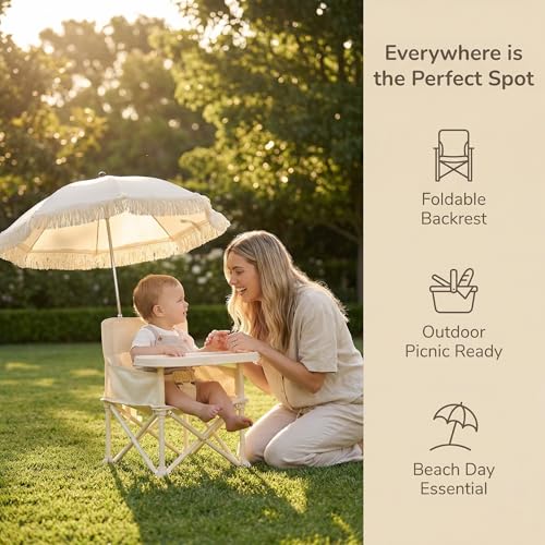 Image of Portable Folding Baby Dining Chair, Outdoor high Chair, Foldable Toddler Feeding seat with Sunshade and seat Belt (Beige Tassel Umbrella)