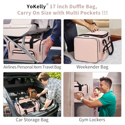 Image of Small Gym Duffle Bag, 17 inch, Pink | Carry On Weekender Bag, Travel Sport, 17x10x9 in