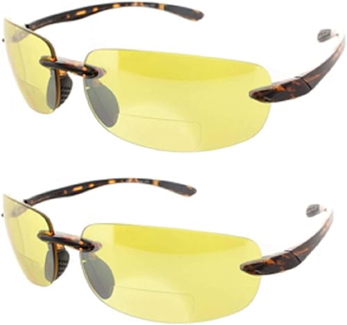 2 pares de lentes de sol bifocales sin montura para hombres y mujeres, lentes de sol para conducción nocturna, color amarillo y ahumado