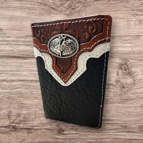 Men’s Leather Tri-Fold Wallet – Bull Rider Concho with Floral Inlay – Rodeo Cowboy Western Wallet for Ranchers, Rodeo Fans & Gift Ideas2