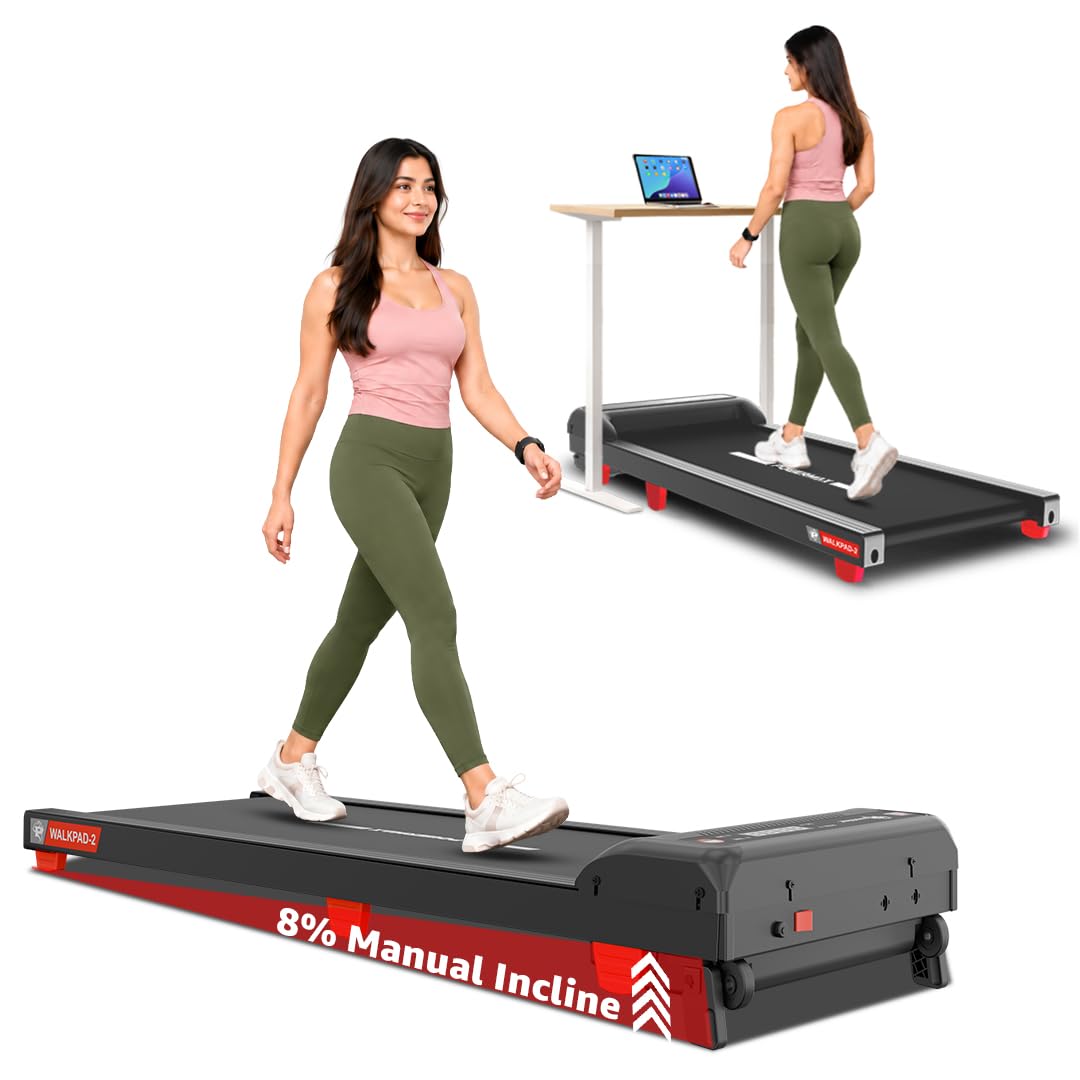 PowerMax Fitness WalkPad-2 Under Desk Walking Pad Treadmill for Home Use | 3.0 HP Motor | Compact Design with Manual Incline | Shock Absorption System | 110 kg Capacity | LED Display | Remote Control