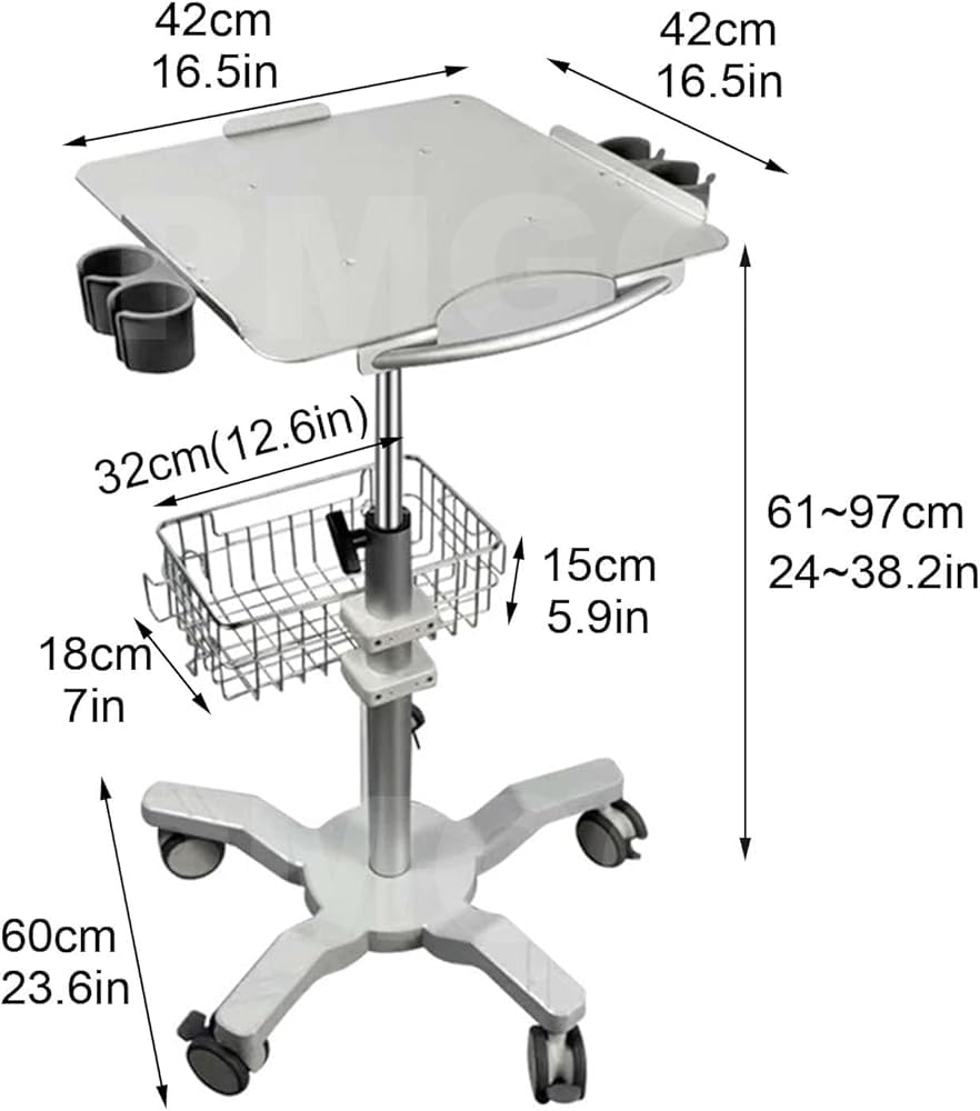 Medizinischer Trolley mit 5 Bremsrädern, verstellbarer Rollwagen, große Tischplatte aus Aluminiumlegierung, hohe Kapazität für Krankenhaus und Klinik