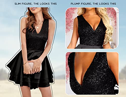 Lrady Women's Sequin Glitter V Neck Skater Mini Club Cocktail Party Swing Dress3