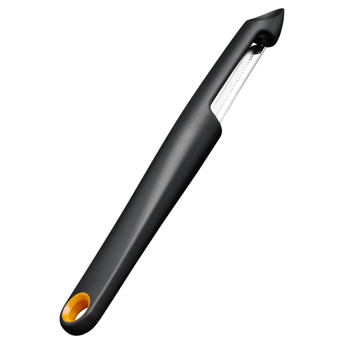 Fiskars Functional Form Pelador de frutas con cuchilla móvil, Pelador especial para tomates y kiwis, Cuchilla dentada, Hoja de acero inoxidable/Mango de plástico, Negro/Naranja, 1079961