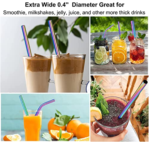 Image of Vinaco Reusable Smoothie Straw, 0.4'' Extra Wide Stainless Steel Straw 10.5'' & 8.5'' Long colorful Straws, 6 Pack Metal Straw with 1 Reusable Straw Brush Cleaner for Milkshake, Smoothie, Bubble tea