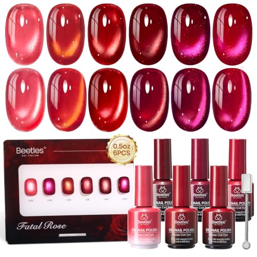 Image of Beetles Red Cat Eye Gel Nail Polish Set - Fatal Rose 6 Colors 15ML Full Size Glitter Red Gel Polish Kit Glass Cat Eye Magnetic Effect Soak Off UV Nail Art DIY Salon at Home Gift for Women