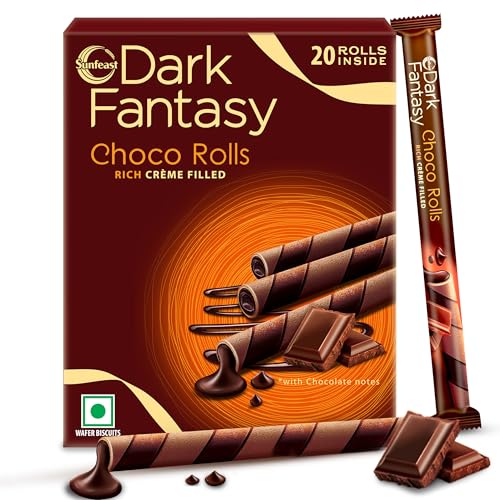 Sunfeast Dark Fantasy Choco Rolls, Crunchy Choco Wafer Rolls with Rich Molten Filling, Perfect Snacking Delight, 180g