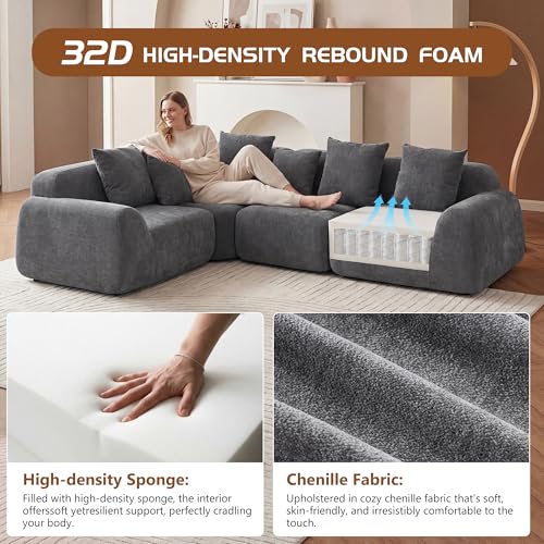 Image of KEIKI 118 inch Oversized Cloud Sectional Couches for Living Room, Comfy Velvet Curved Sectional Boneless L-Shape Chaise Sofa with Compression Memory Foam, No Assembly Modular Sofa for Home Space, Grey