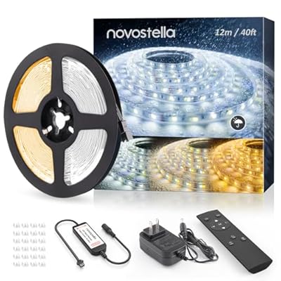 NOVOSTELLA 40ft Waterproof Tunable White LED Strip Lights, Dimmable Flexible Rope Light 3000K-6500K 24V Tape Light with Remote, Ribbon for Outdoor and Indoor Bedroom Home Mirror Kitchen Cabinet