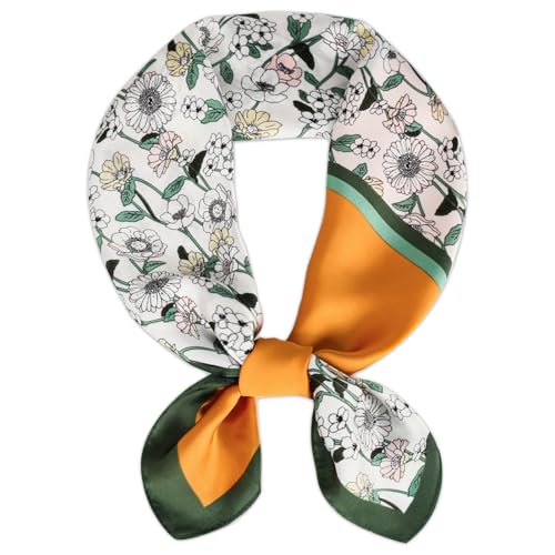 EXTREE Fashion Silky Satin Headscarf for Women Girls: Exquisite Pattern Lightweight Silk Graceful Scarfs 27.5 x 27.5 inches Green Floral Frame