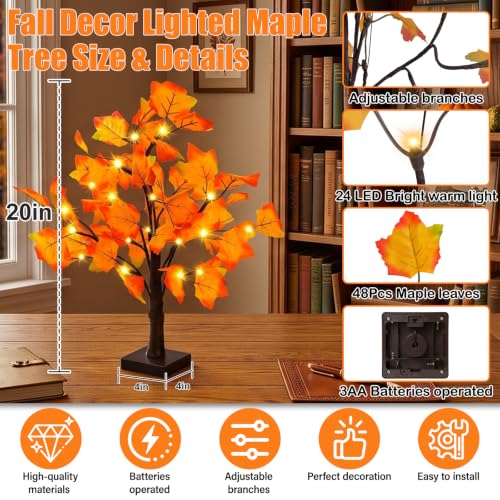 Artificial Fall Lighted Maple Tree 24 LED Thanksgiving Decorations Table Lights Battery Operated for Wedding Party Gifts Indoor Outdoor Autumn Harvest Home Decor
