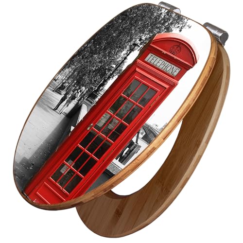 banjado Design WC Sitz Bambus Absenkautomatik 45,8x37,5cm - Toilettendeckel mit Absenkautomatik Holz - hochwertiger Bambus Klodeckel - WC-Sitz für gängigen Toiletten - Motiv London Red Telephone